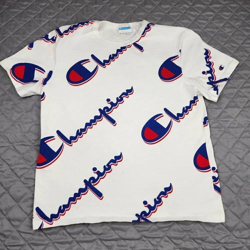 Champion All-Over Print Logo T-Shirt Mens Size M White Red Blue